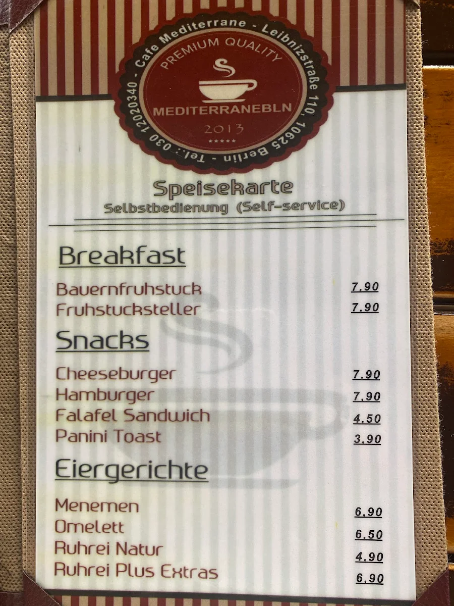 Speisekarte, Cafe Mediterrane