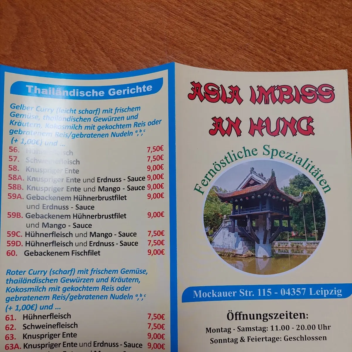 Speisekarte, Asia Imbiss An-Hung