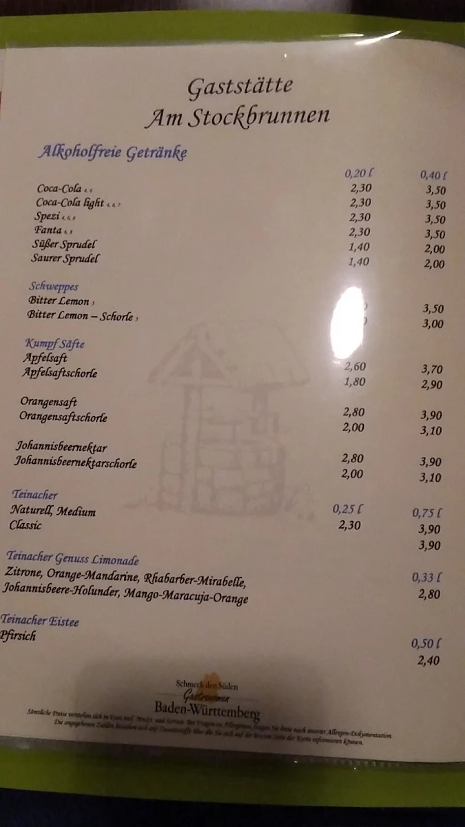 Speisekarte, Restaurant Am Stockbrunnen, Großbottwar