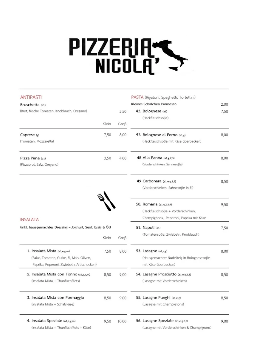 Speisekarte, Pizzeria Nicola