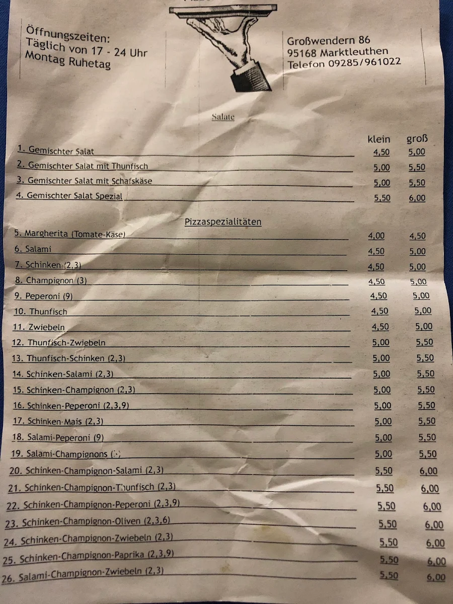 Speisekarte, Pizzeria Nicola