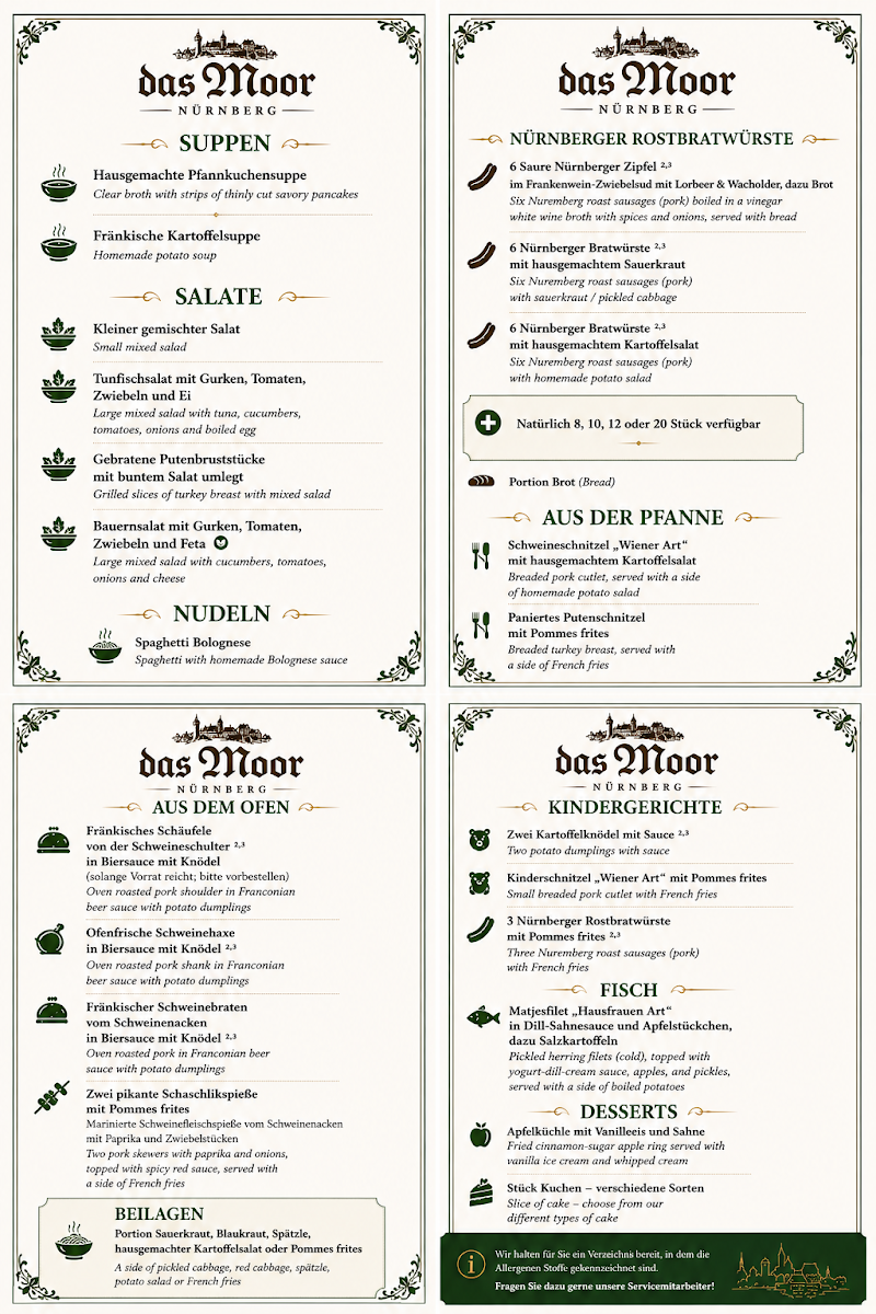 Speisekarte, Das Moor - Fränkische Spezialitäten
