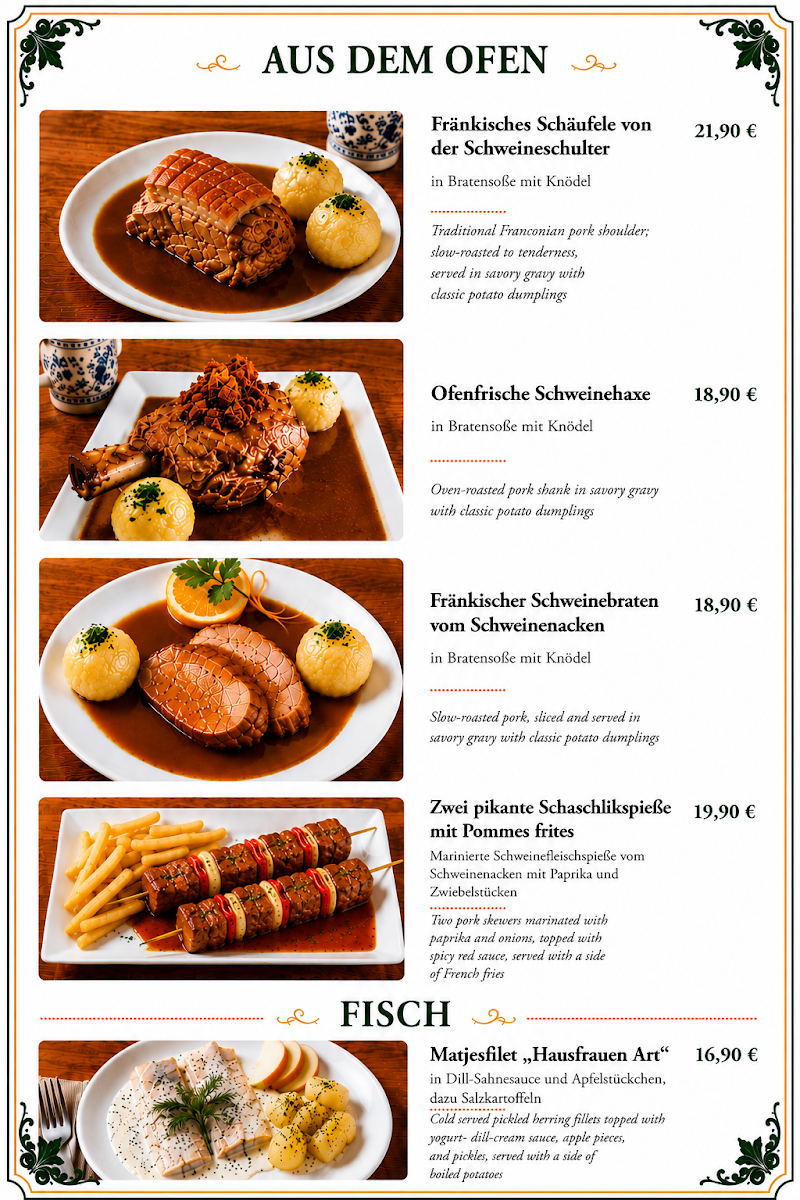 Speisekarte, Das Moor - Fränkische Spezialitäten