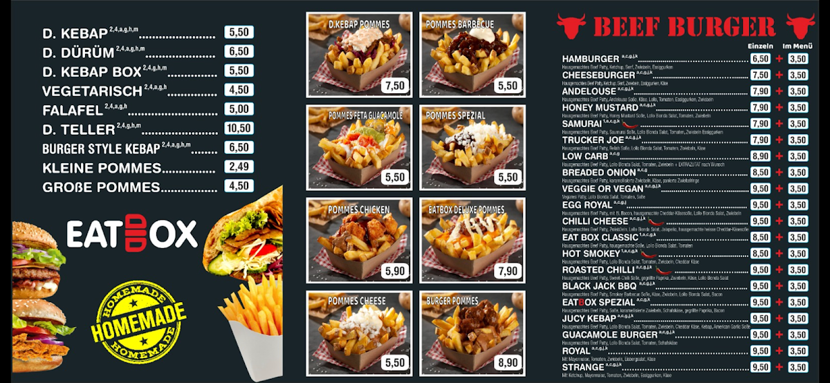 Speisekarte, EatBox Restaurant - Burger & Döner in Eichstätt