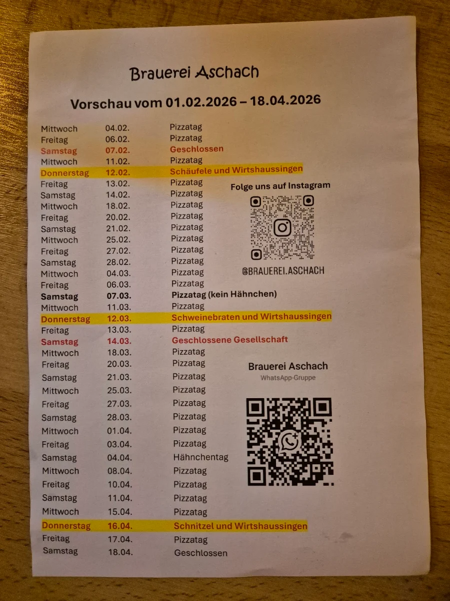 Speisekarte, Brauerei Aschach