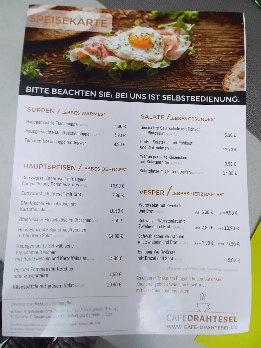Speisekarte, Café Drahtesel