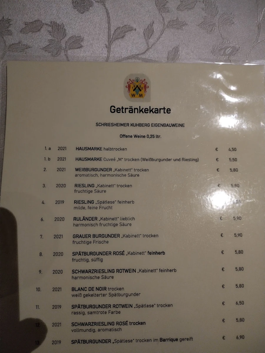 Speisekarte, Müllers Weinstube