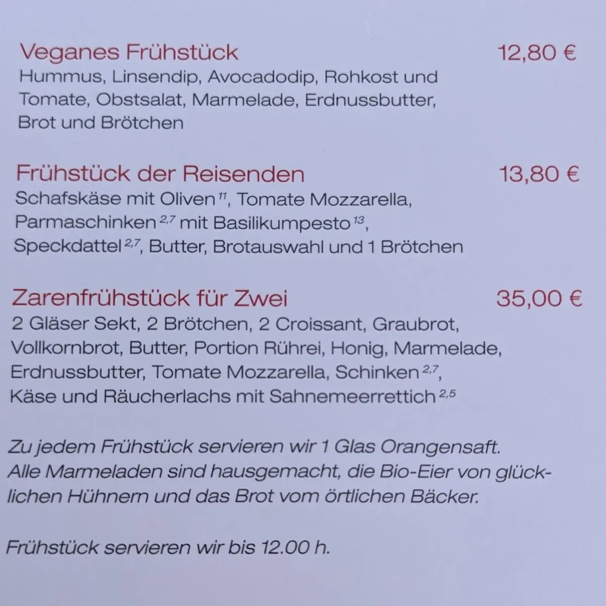 Speisekarte, Annettes Tochter Gastronomie im Schloss Heiligenberg