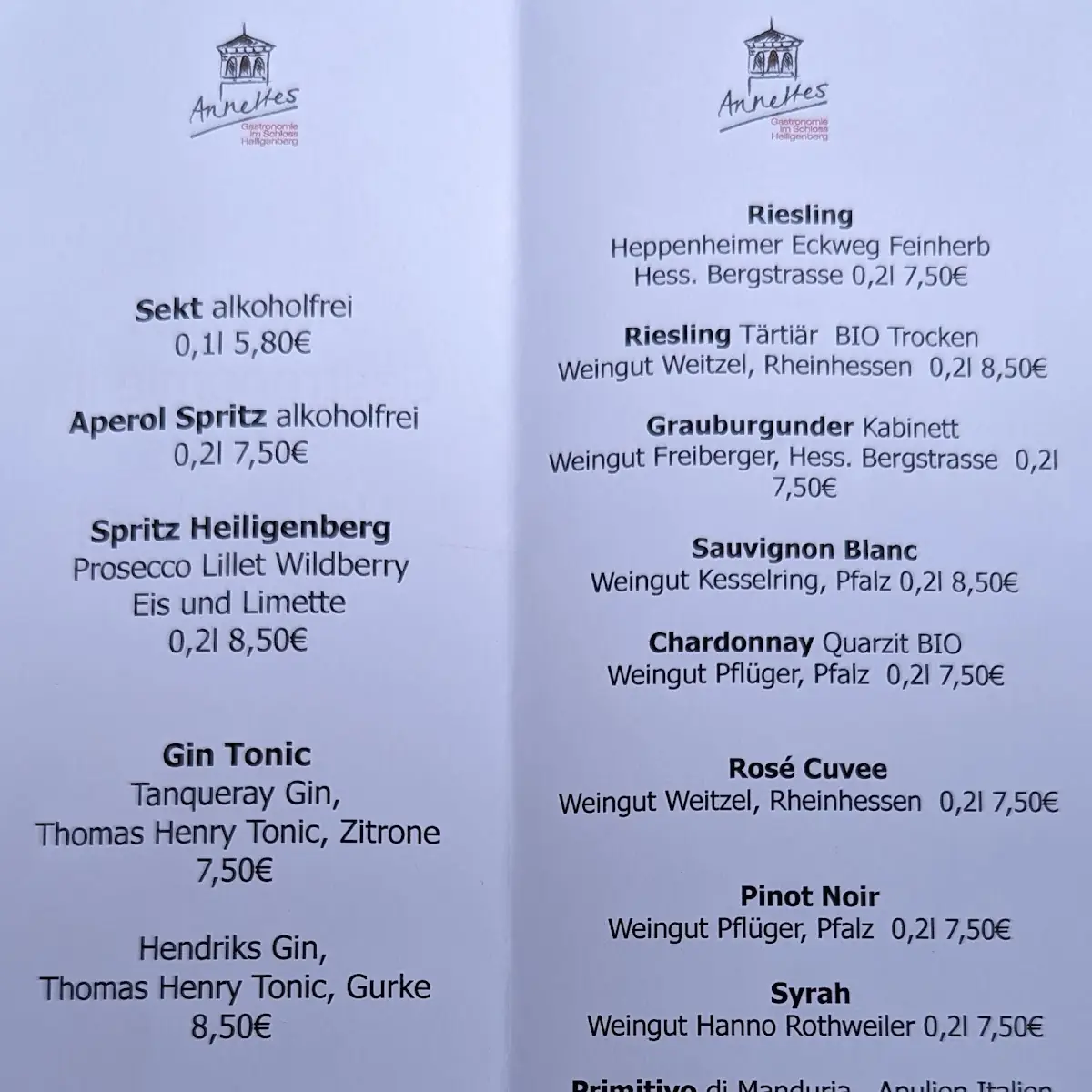 Speisekarte, Annettes Tochter Gastronomie im Schloss Heiligenberg