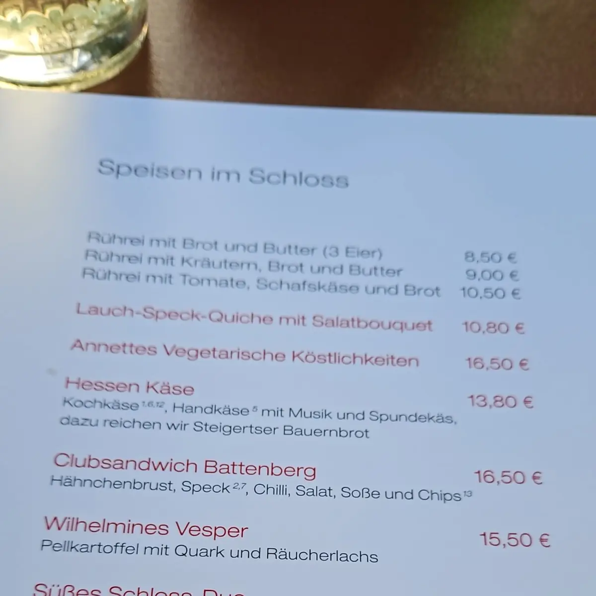 Speisekarte, Annettes Tochter Gastronomie im Schloss Heiligenberg