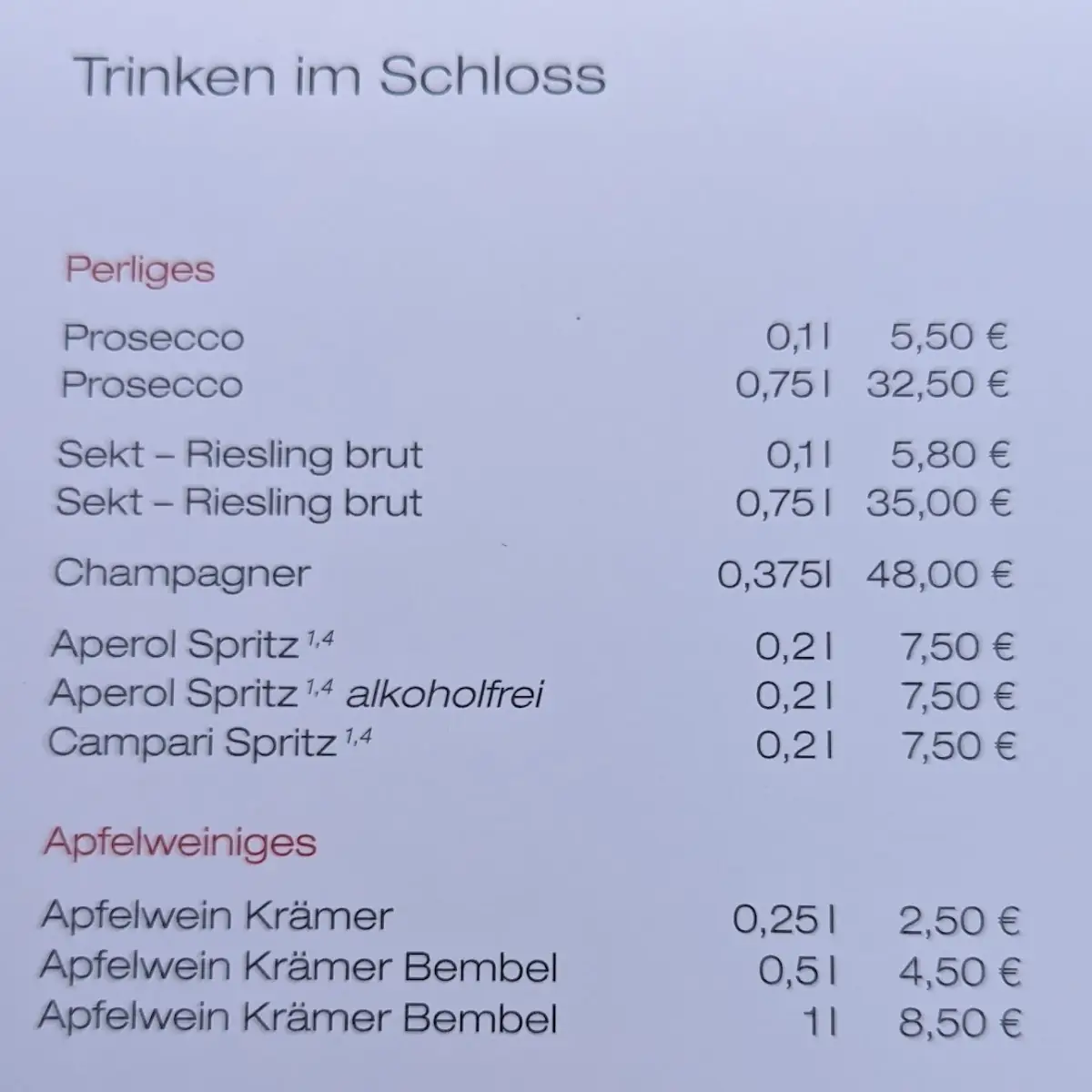 Speisekarte, Annettes Tochter Gastronomie im Schloss Heiligenberg