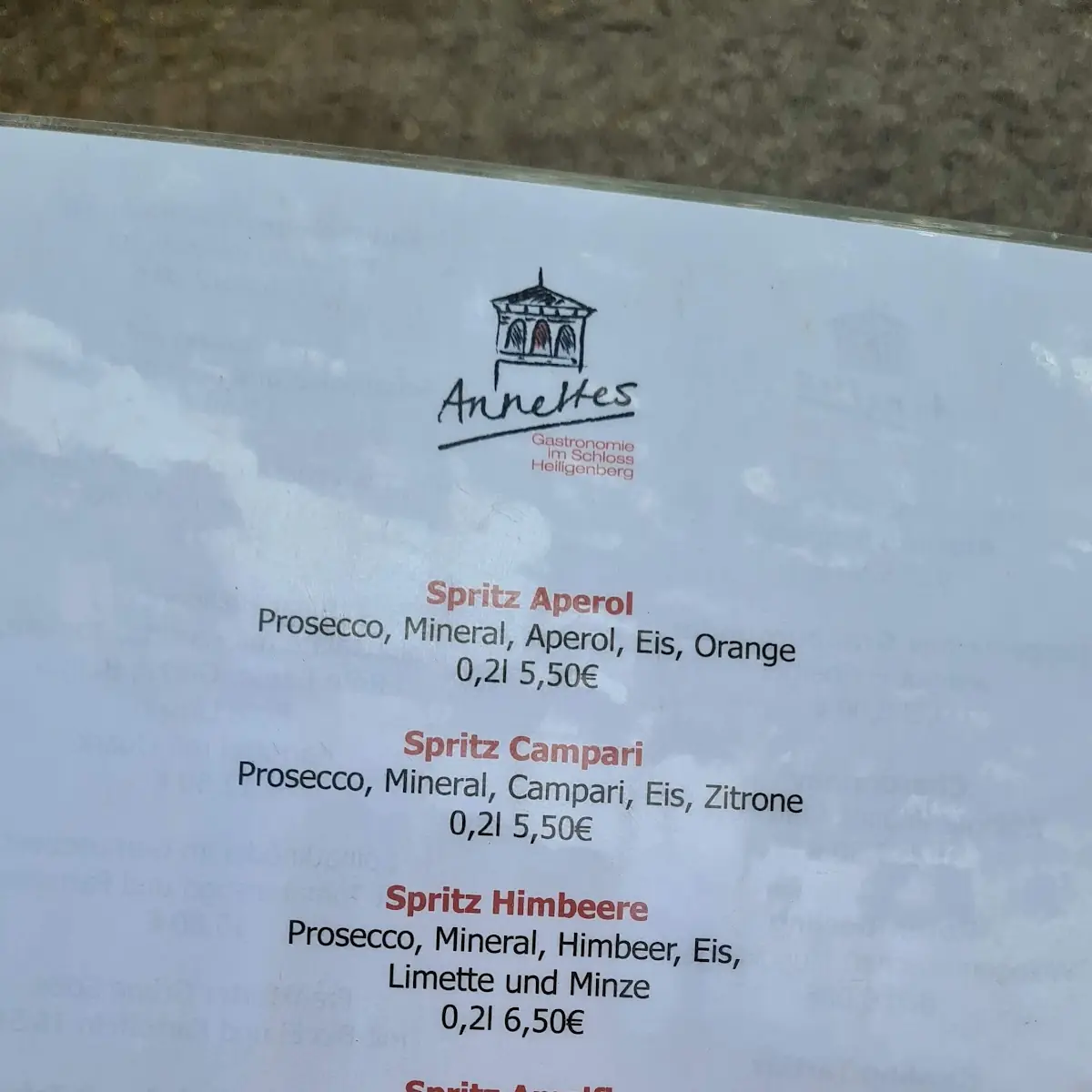 Speisekarte, Annettes Tochter Gastronomie im Schloss Heiligenberg