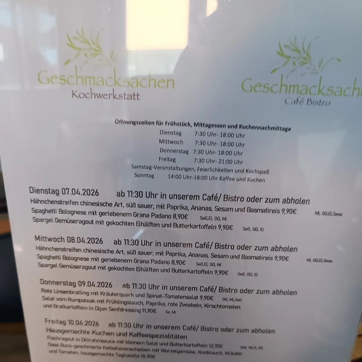 Speisekarte, Geschmacksachen-Kochwerkstatt