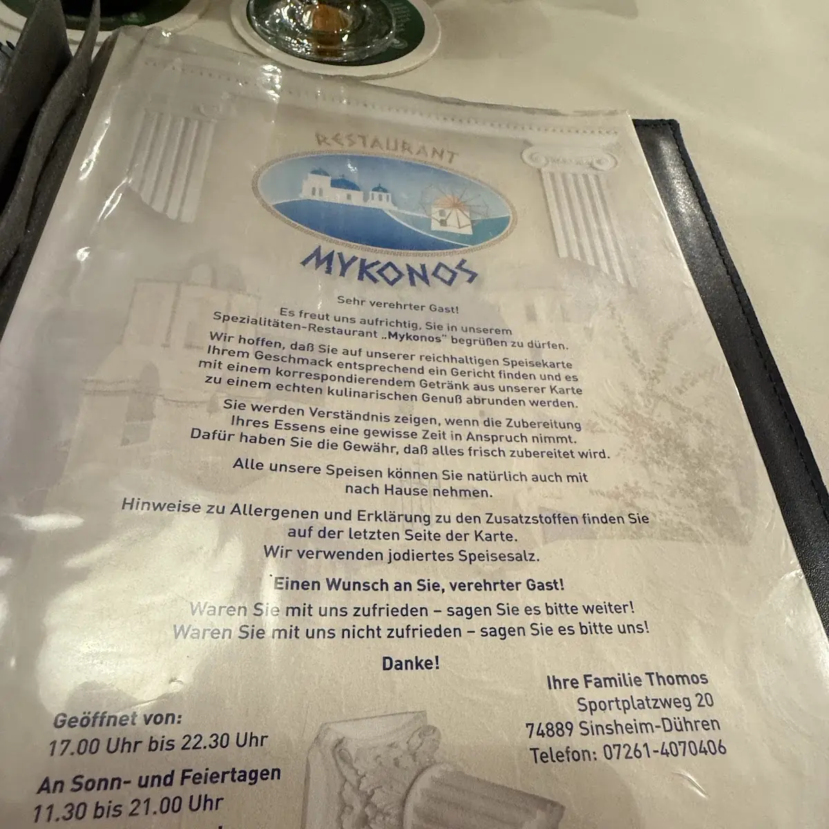 Speisekarte, Restaurant Mykonos