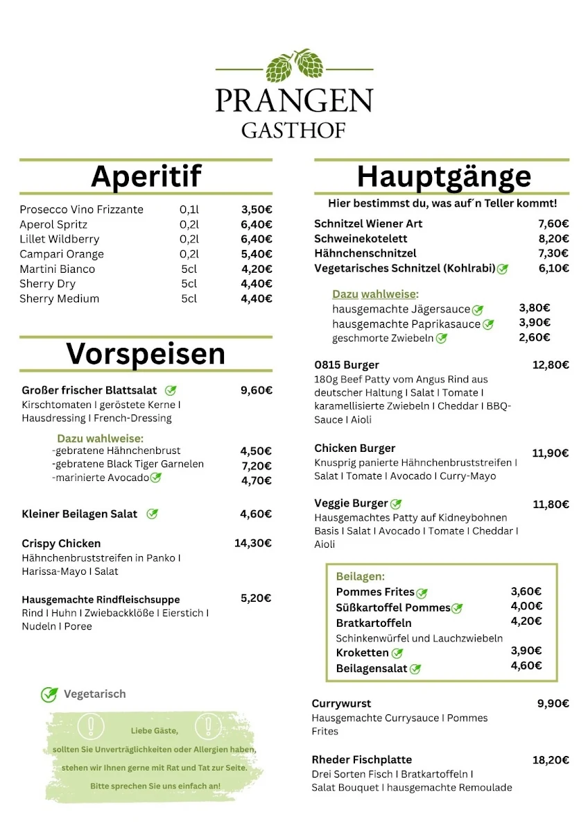 Speisekarte, Gasthof Prangen