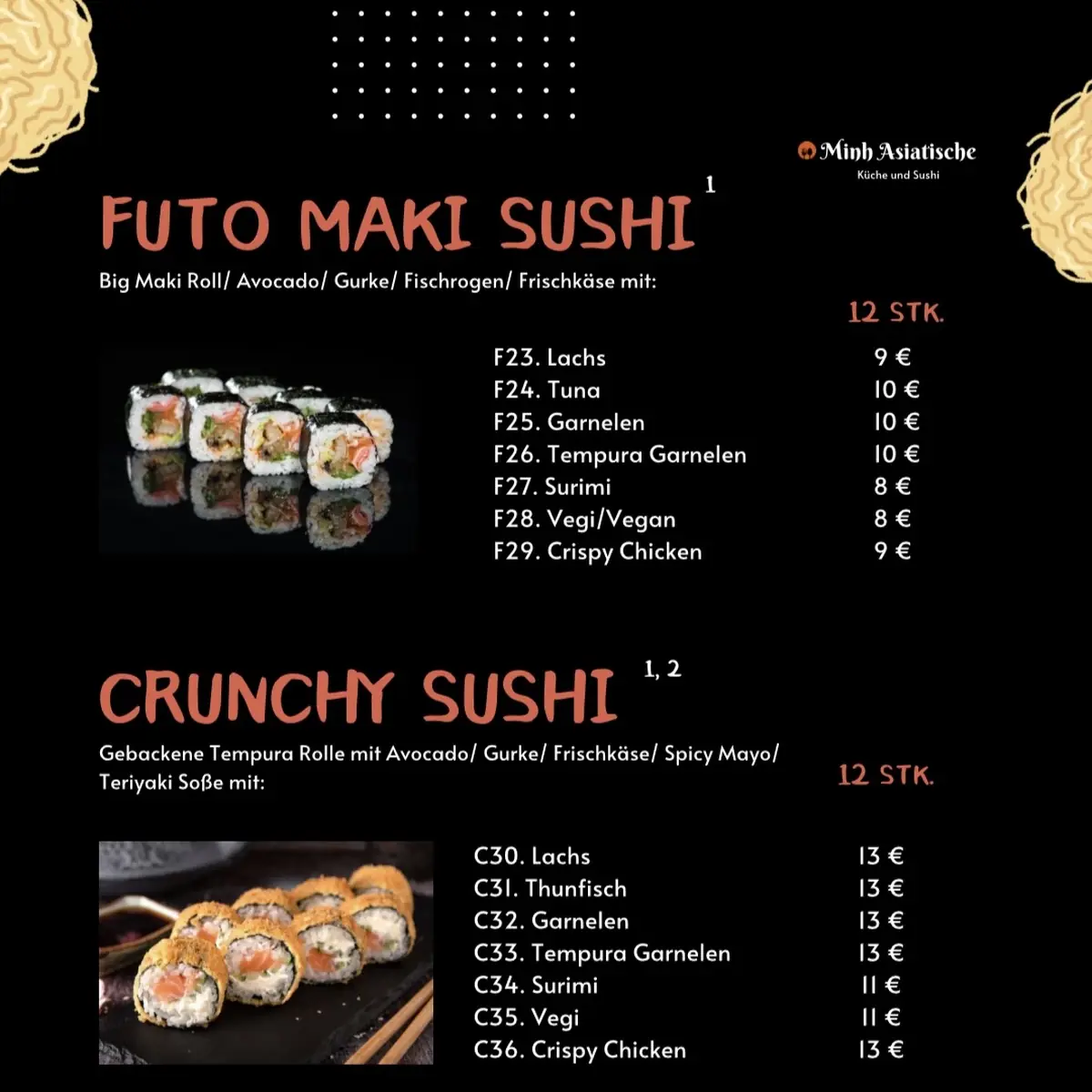 Speisekarte, Minh Asiatische Küche und Sushi