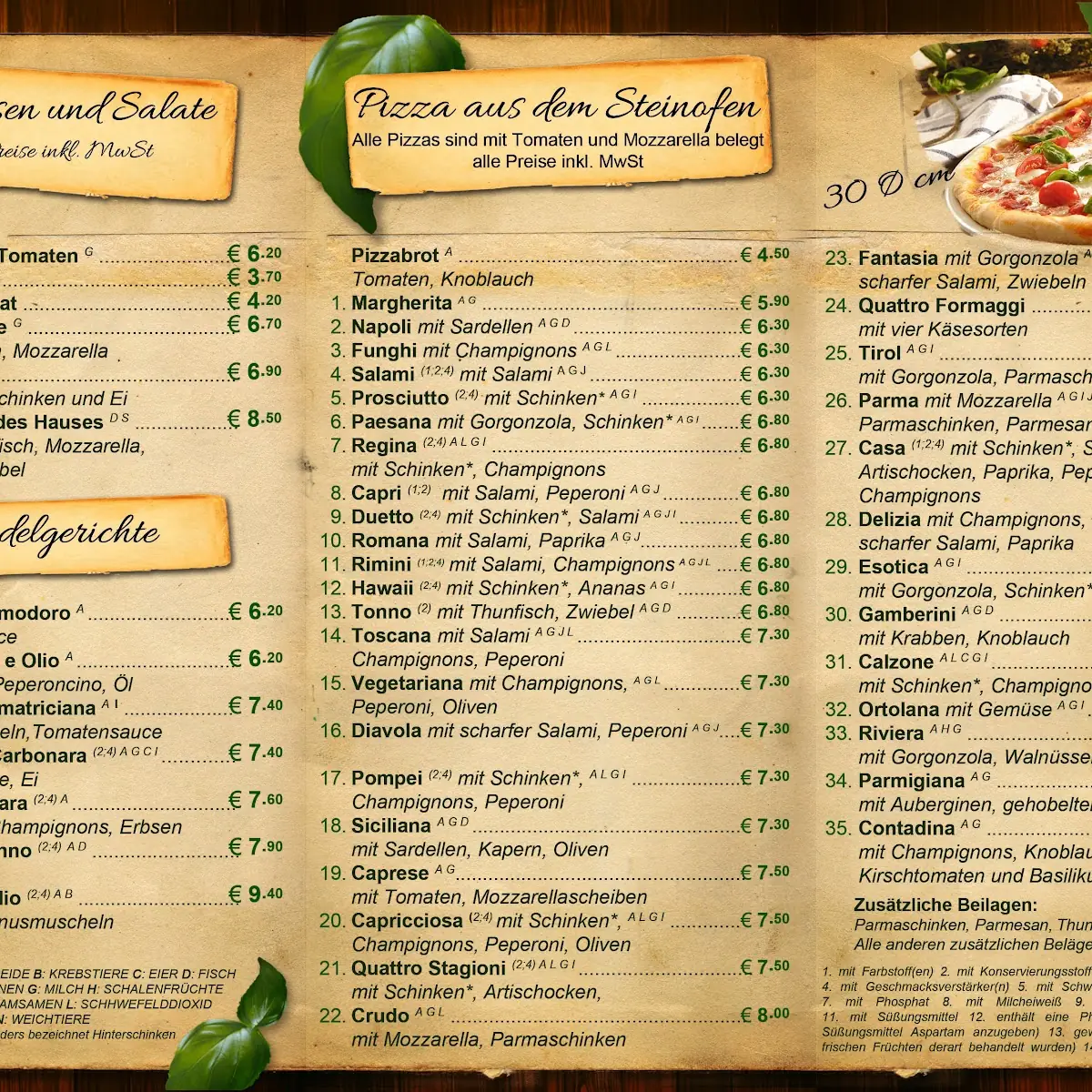 Speisekarte, Pizzeria da Toni / Caffé Borbone shop