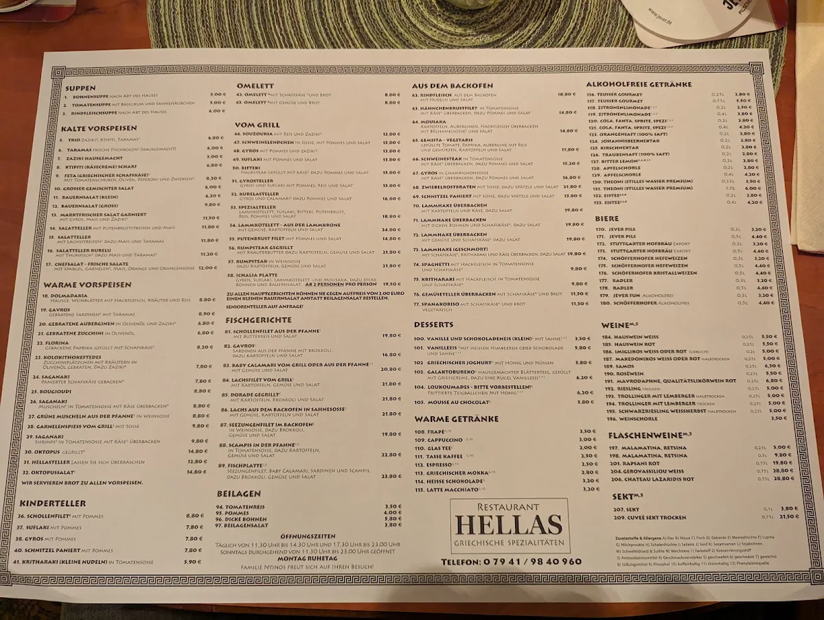 Speisekarte, Restaurant Hellas am Schillerplatz