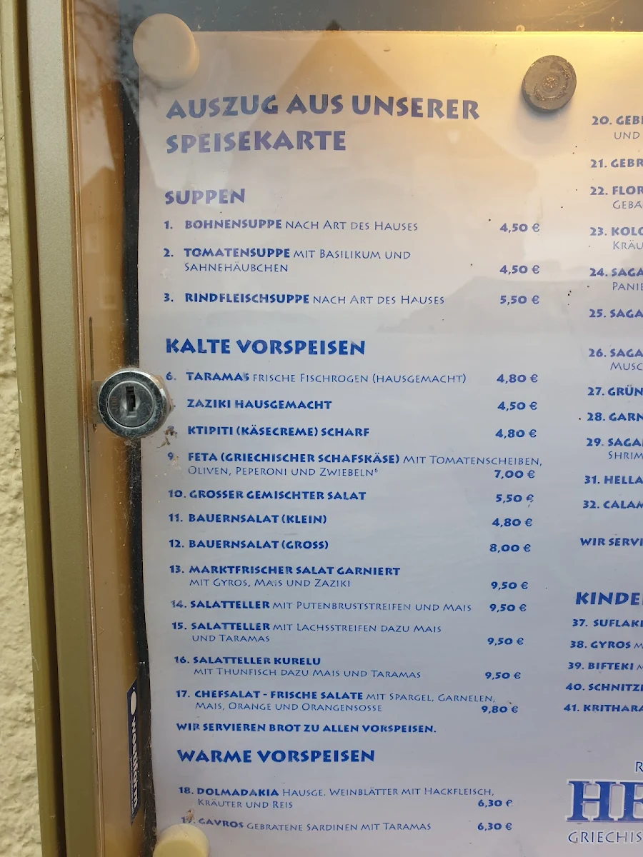 Speisekarte, Restaurant Hellas am Schillerplatz