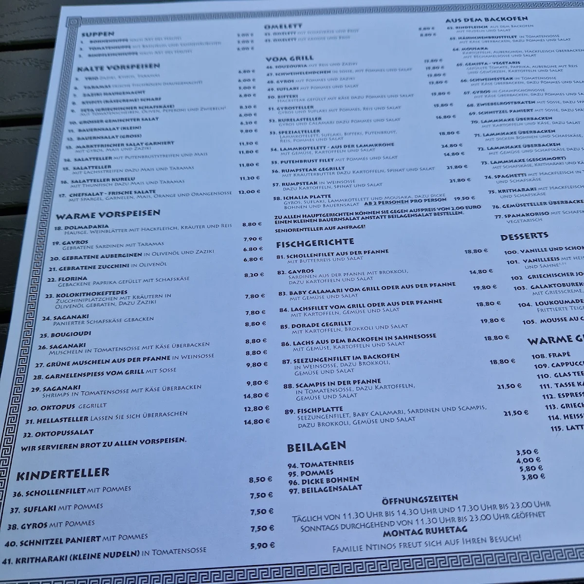 Speisekarte, Restaurant Hellas am Schillerplatz