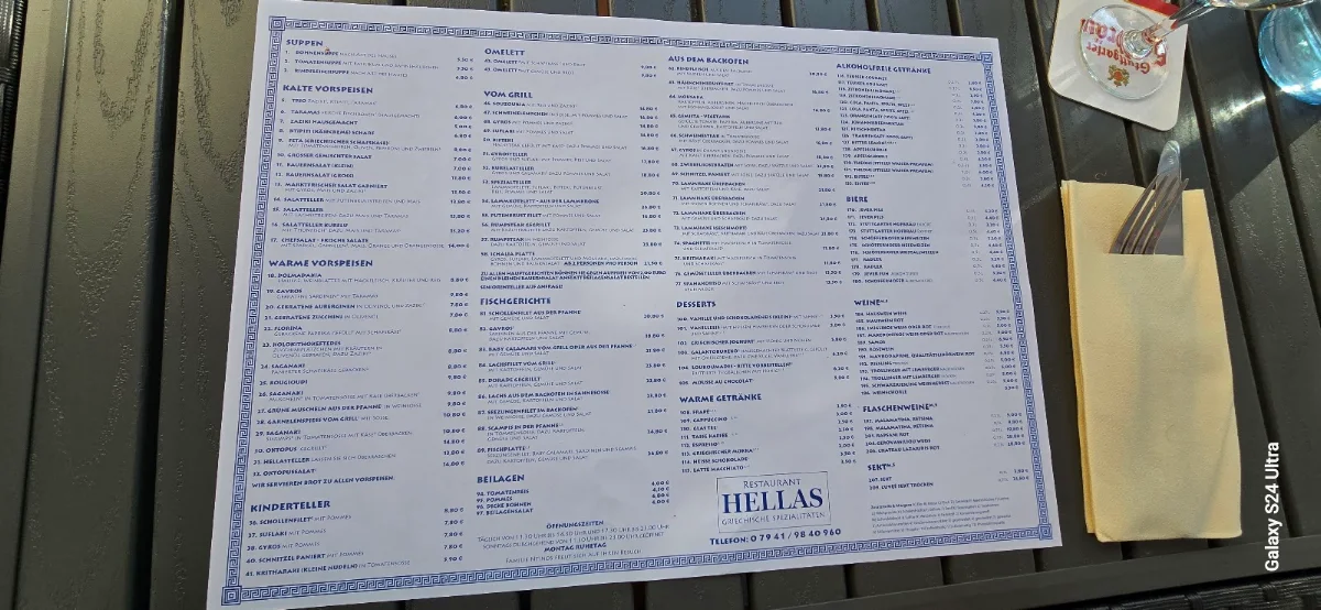Speisekarte, Restaurant Hellas am Schillerplatz