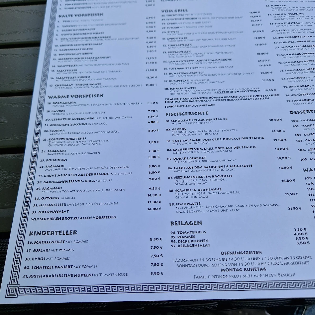 Speisekarte, Restaurant Hellas am Schillerplatz