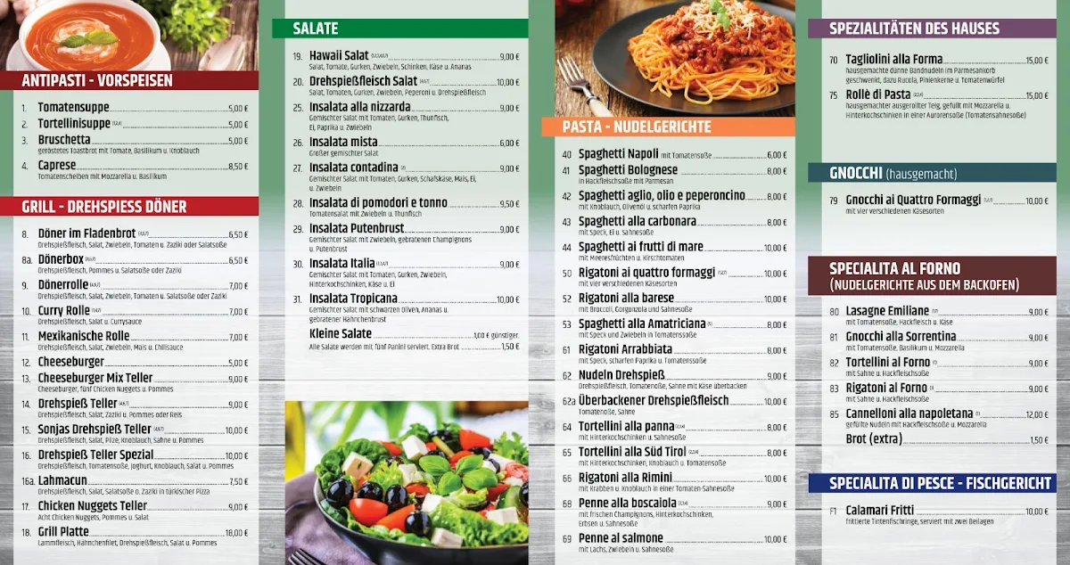 Speisekarte, Sonjas Ristorante Pizzeria