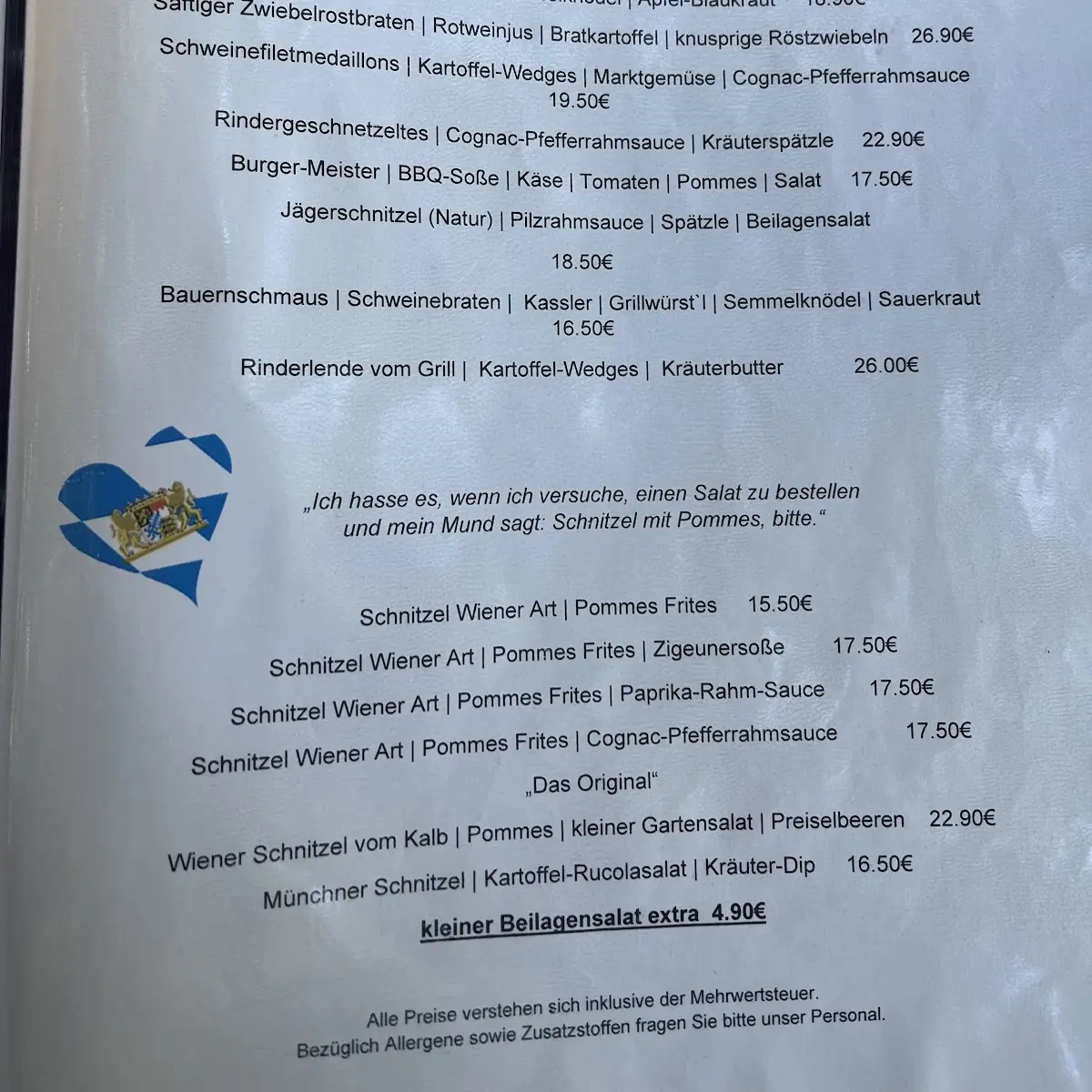 Speisekarte, Karlsfelder Stubn