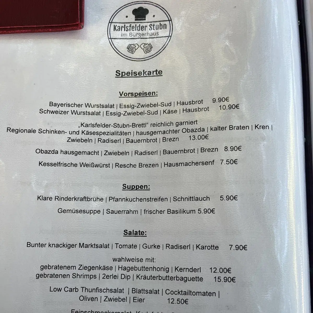 Speisekarte, Karlsfelder Stubn