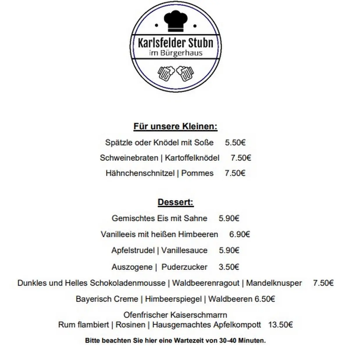Speisekarte, Karlsfelder Stubn