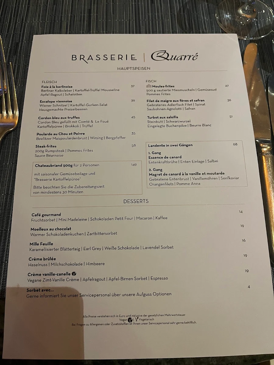 Speisekarte, Brasserie Quarré