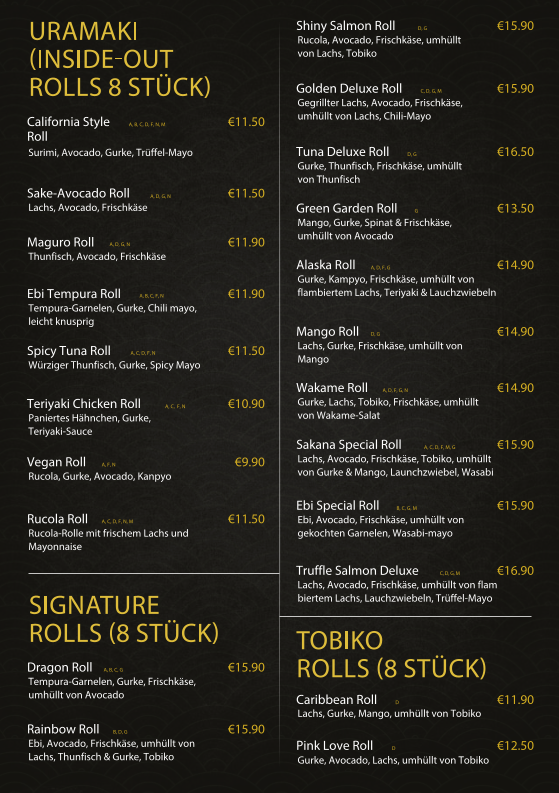Speisekarte, Sakana Sushi