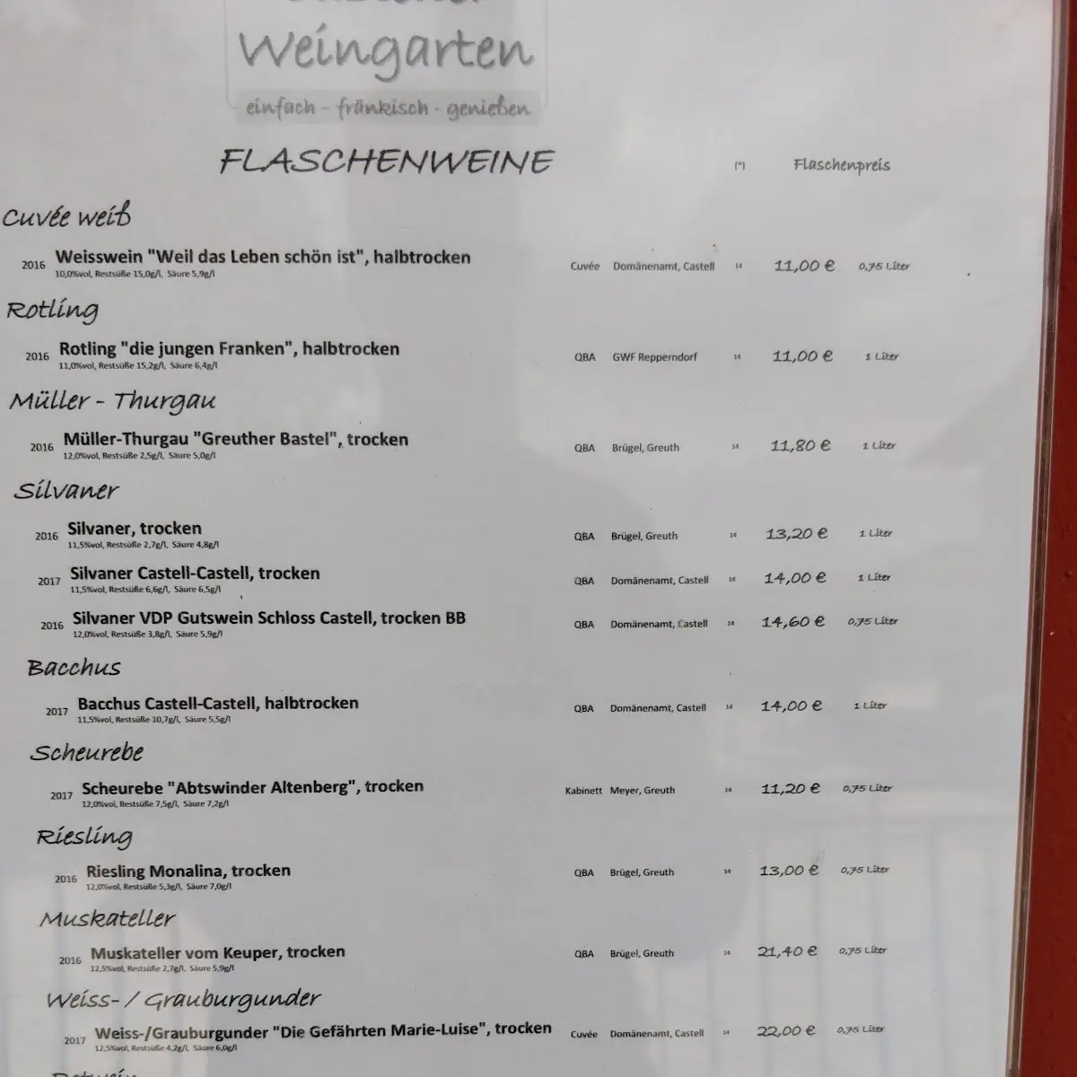 Speisekarte, Weingarten Castell