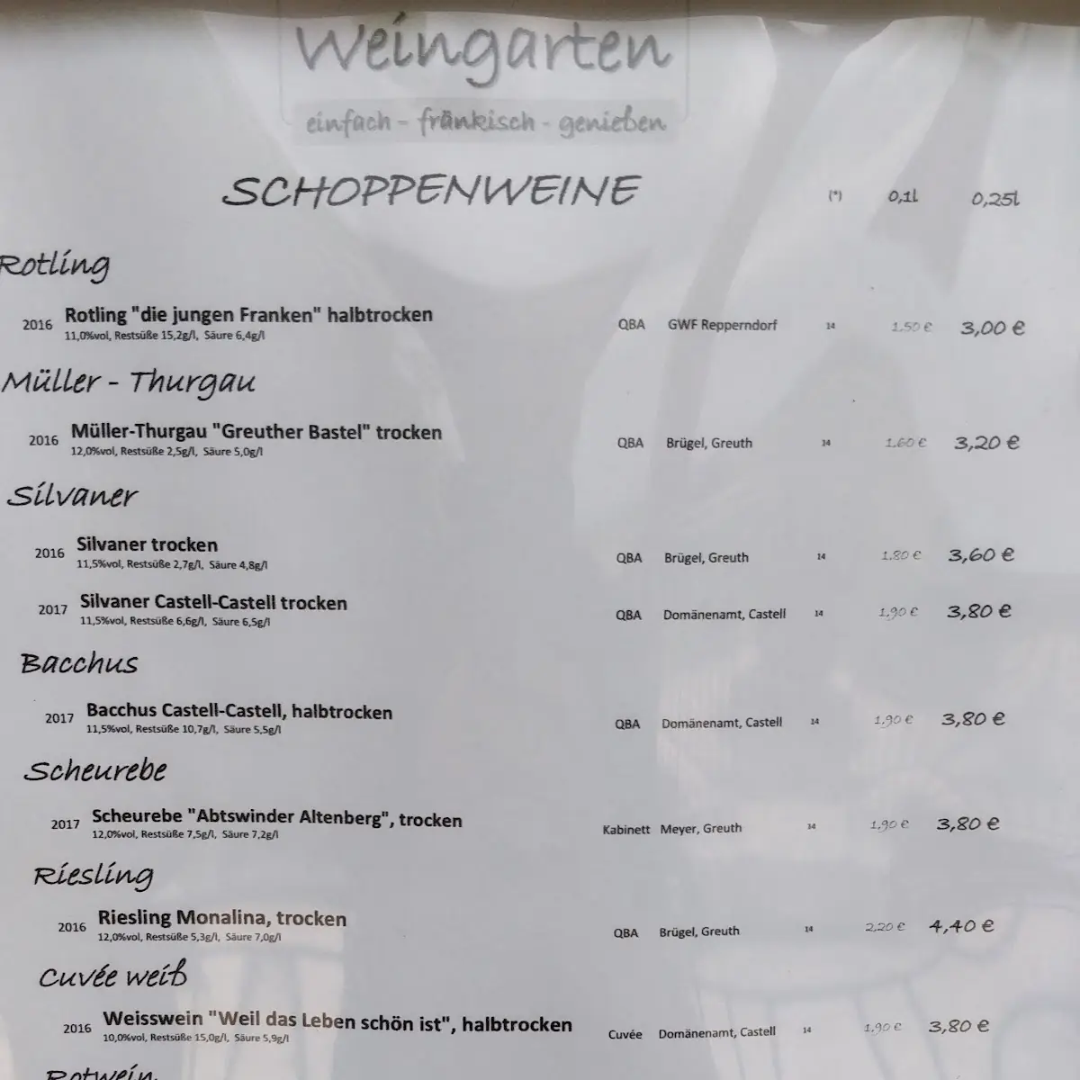 Speisekarte, Weingarten Castell