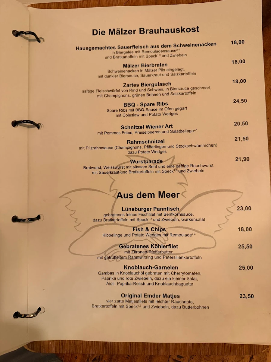Speisekarte, Mälzer Brau- und Tafelhaus