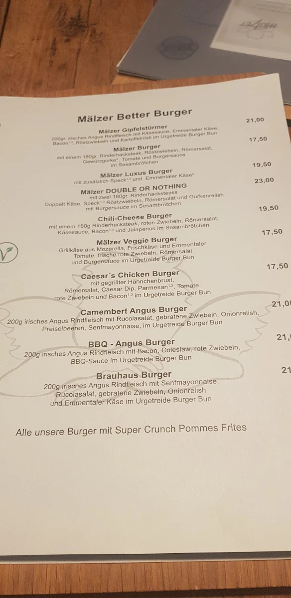 Speisekarte, Mälzer Brau- und Tafelhaus