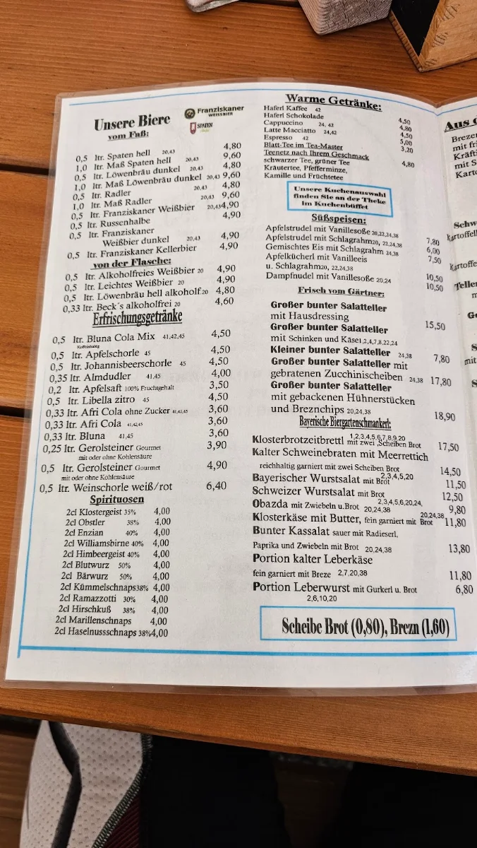 Speisekarte, Klosterbräustüberl