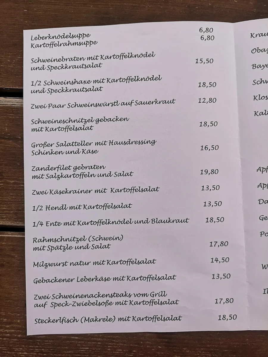 Speisekarte, Klosterbräustüberl