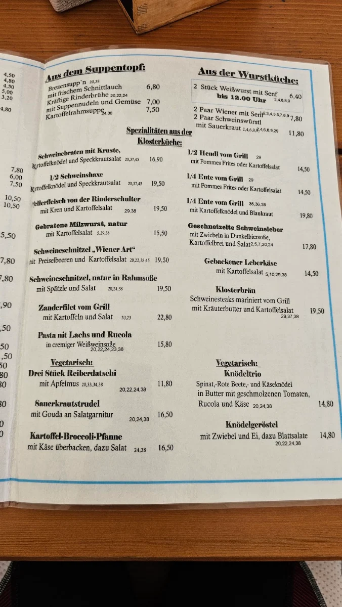 Speisekarte, Klosterbräustüberl