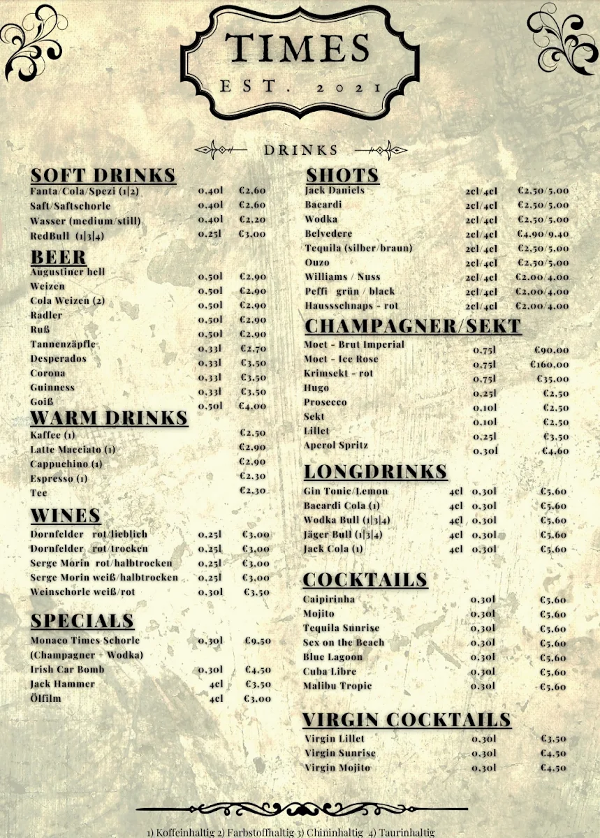 Speisekarte, Times Bistro & Bar