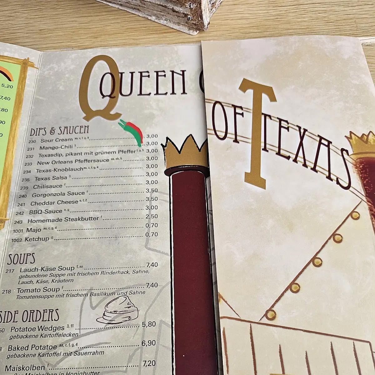 Speisekarte, Queen of Texas
