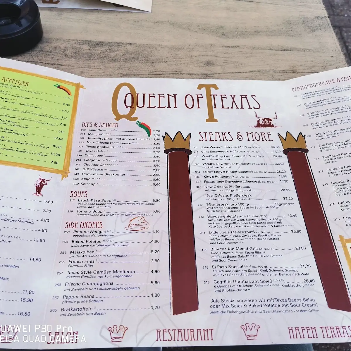 Speisekarte, Queen of Texas