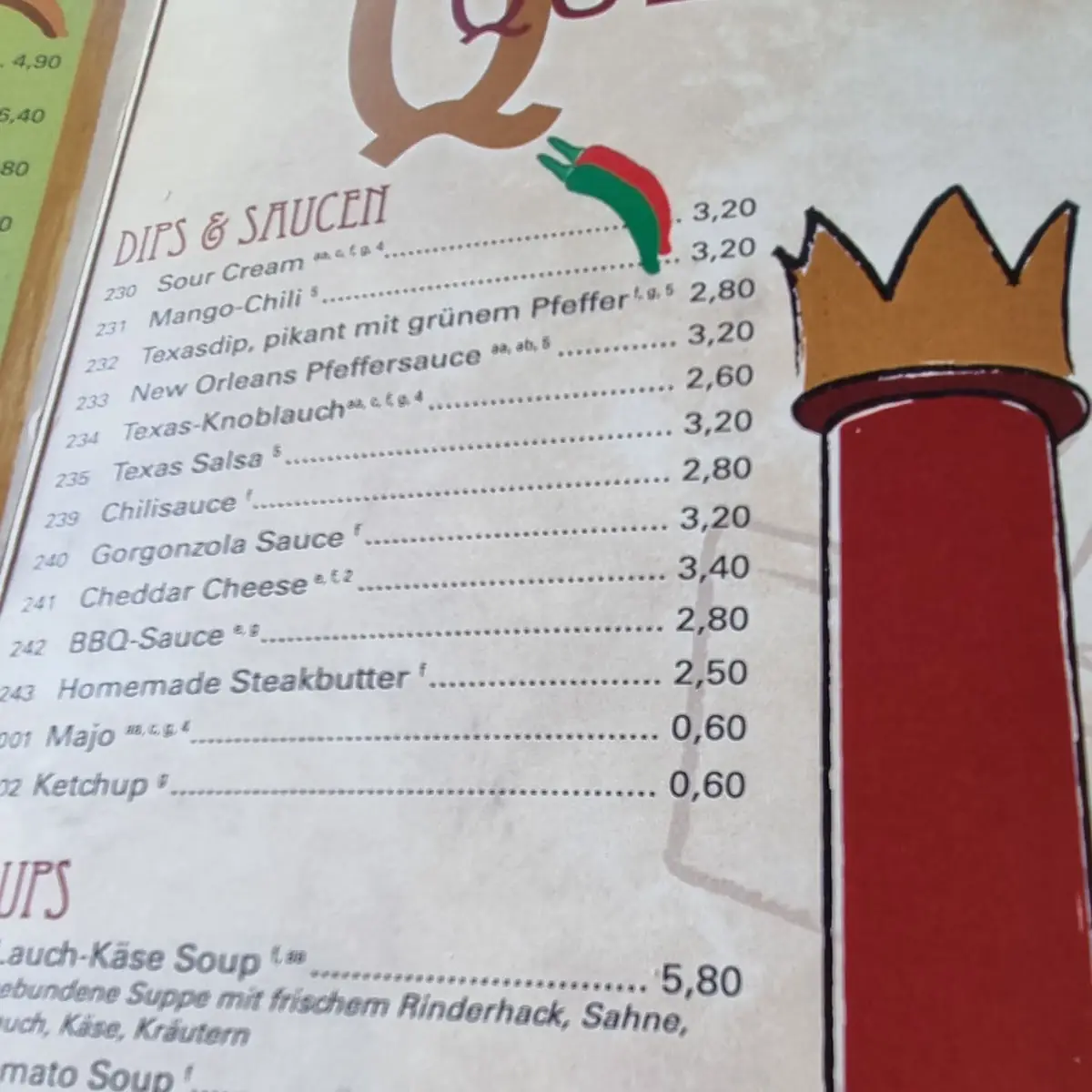 Speisekarte, Queen of Texas