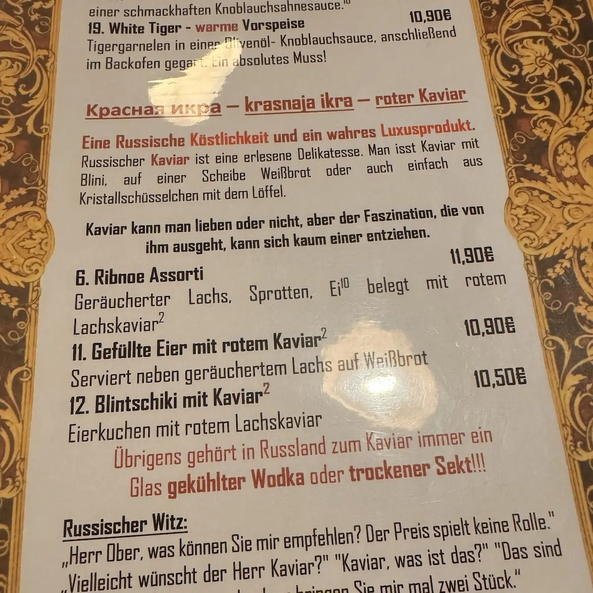 Speisekarte, Russische Stube im Burgkeller