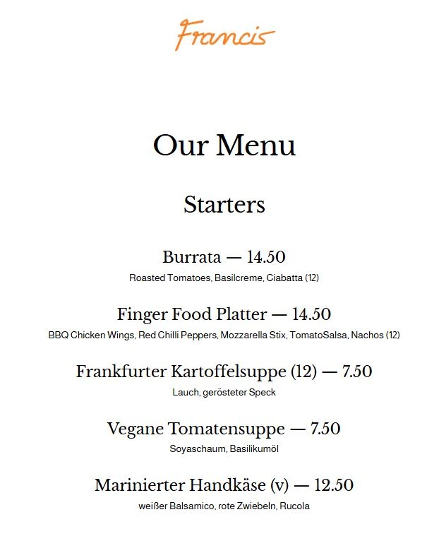 Speisekarte, Restaurant Francis
