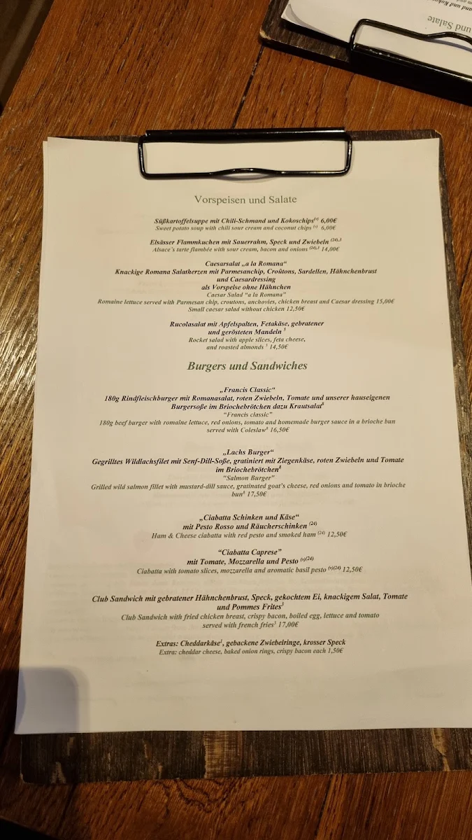Speisekarte, Restaurant Francis