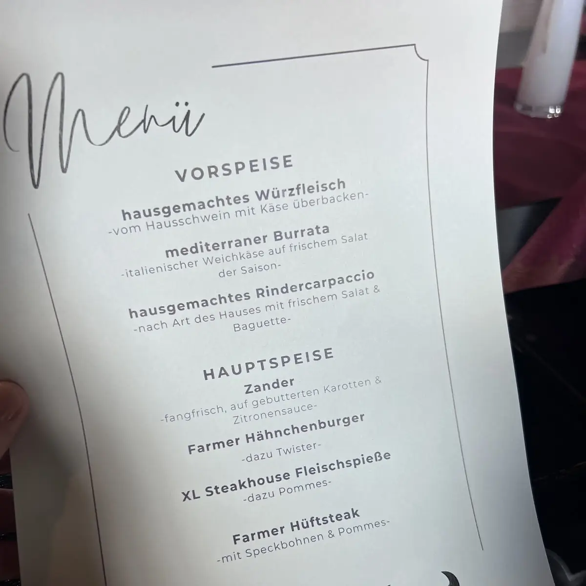 Speisekarte, FARMER STEAKHOUSE