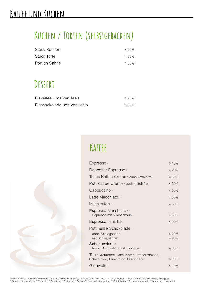 Speisekarte, Cafe und Wein, Hofcafe und Gästehaus - Heilbronn