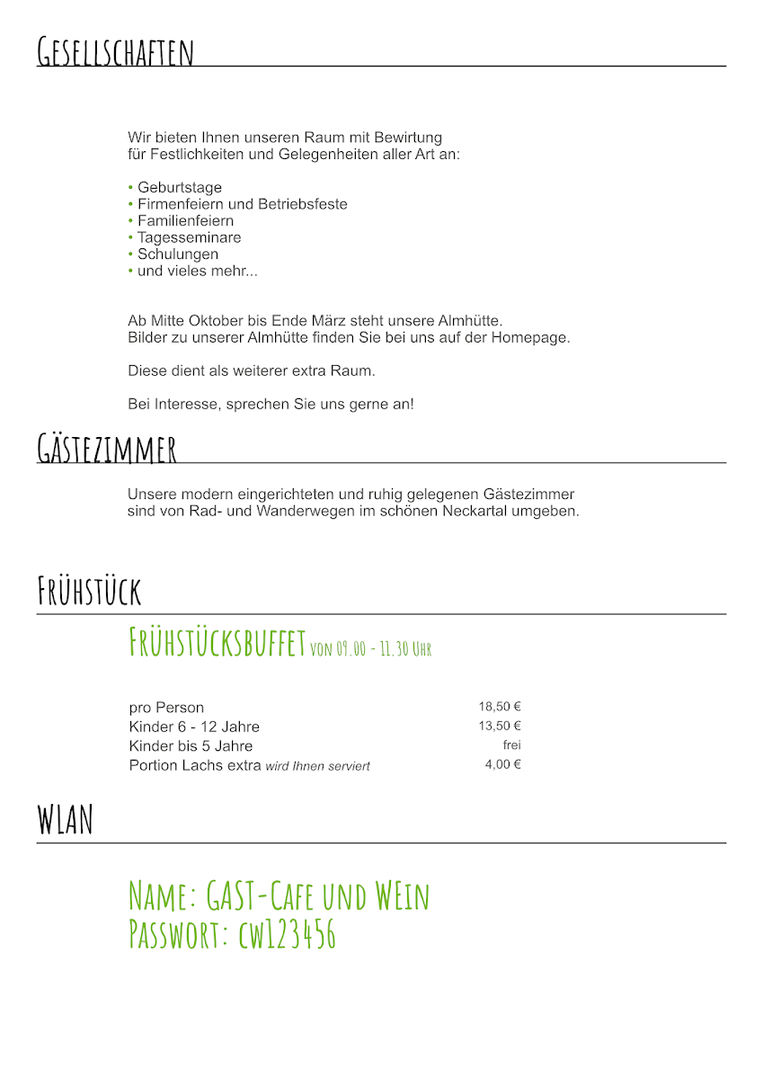Speisekarte, Cafe und Wein, Hofcafe und Gästehaus - Heilbronn