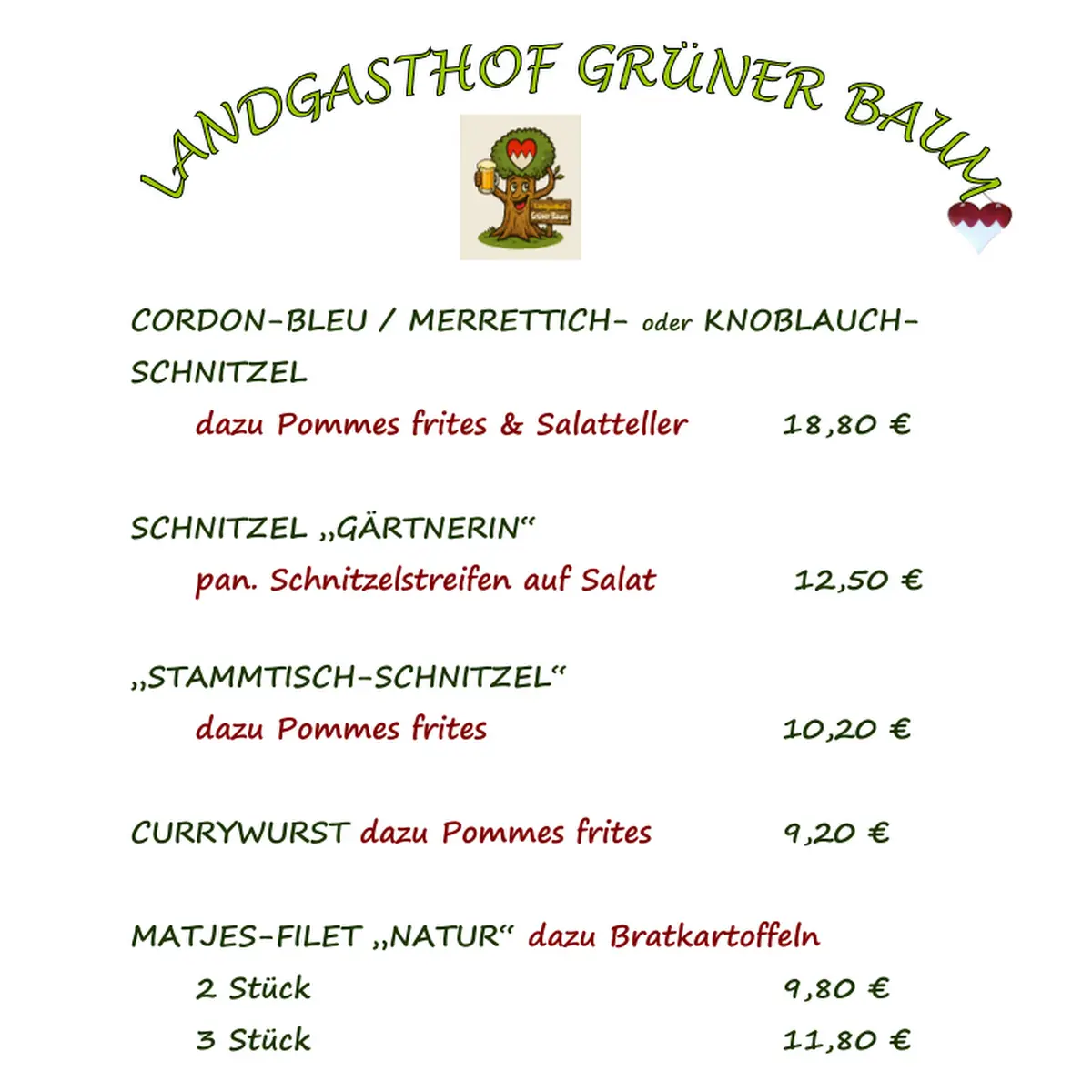 Speisekarte, Landgasthof Grüner Baum Restaurant / Biergarten (Frühstück & Abendessen)